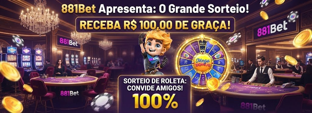 Um gráfico promocional exibindo um bônus de R$ 100 grátis, sorteio de roleta para convidar amigos e fundo de cassino.
