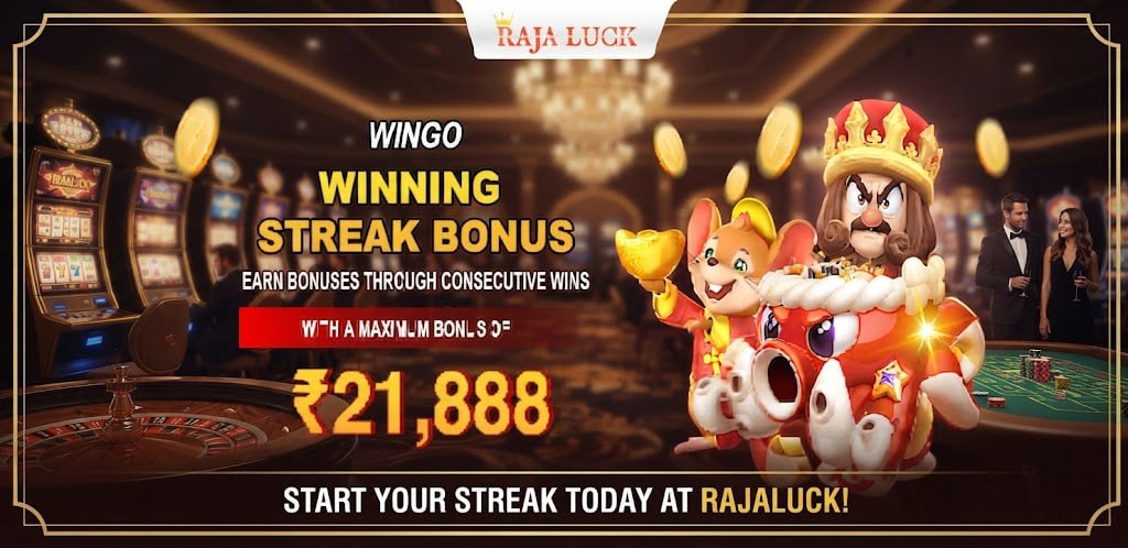 A promotional graphic showing the Wingo Winning Streak Bonus up to ₹21,888 with cascading gold coins and casino imagery.