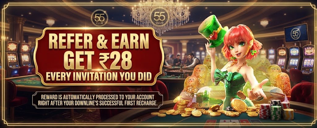 A promotional graphic showing a Refer and Earn bonus of ₹28 per invitation with casino and character imagery.