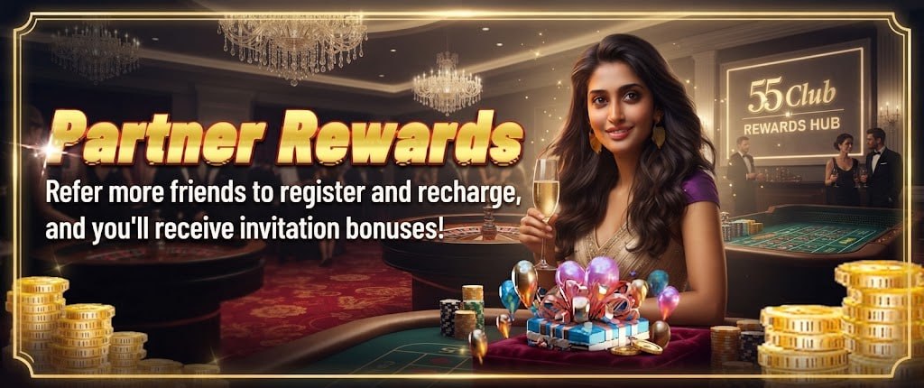 A promotional graphic showing Partner Rewards with referral terms, gift boxes, and a luxury casino background.
