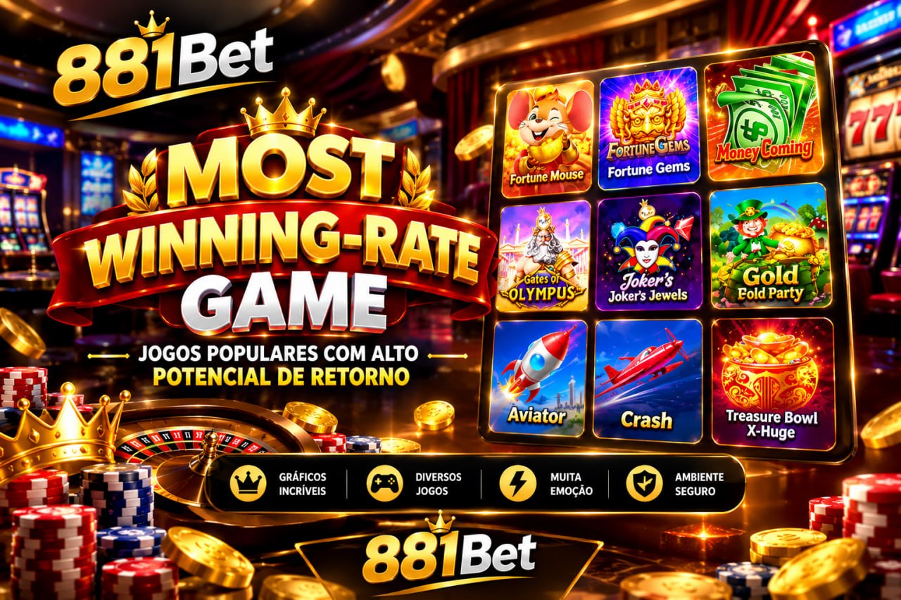 Pôster da 881Bet com jogos populares e cenário de cassino.