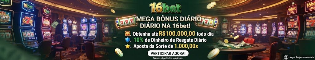 Banner promocional da 16bet em cassino iluminado, exibindo 'MEGA BÔNUS DIÁRIO', prêmios de até R$100.000, 10% de cashback e aposta da sorte de 1.000,00x.