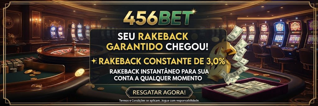 Banner promocional da 456BET destacando 3,0% de rakeback constante e resgate instantâneo em um ambiente luxuoso de cassino.