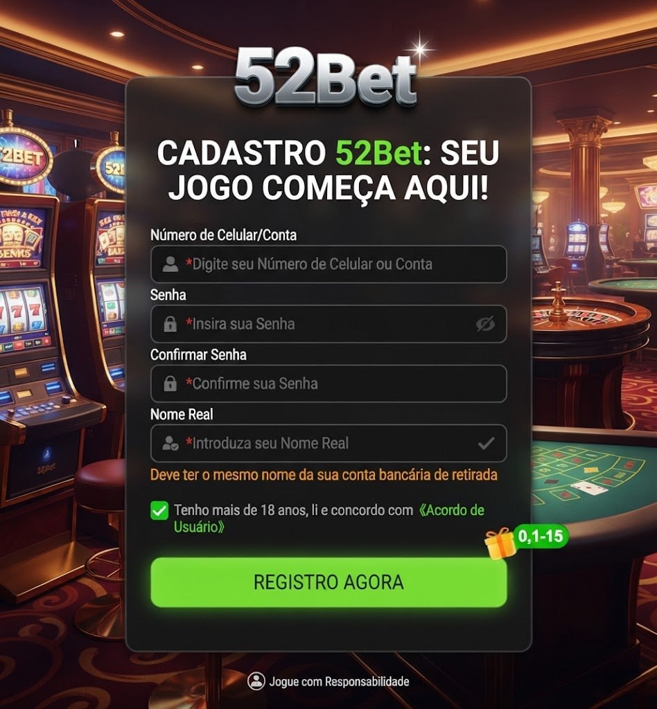 Banner de registro da 52Bet em um cassino iluminado, exibindo o formulário de cadastro, campos para celular e senha, e um fundo com caça-níqueis.