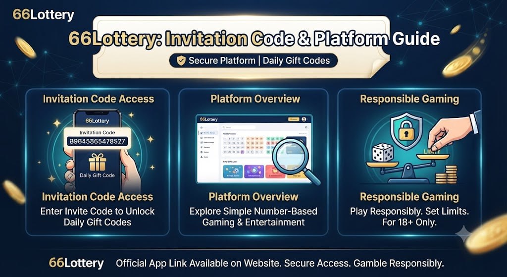 66Lottery guide showing invitation code 89645865478527, app download link, daily gift codes, and responsible gaming guidelines in Hinglish context