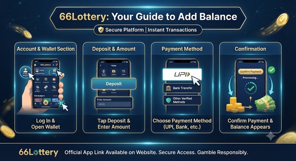66Lottery balance addition guide showing wallet section, deposit option, UPI and bank transfer payment methods, and account crediting in Hinglish