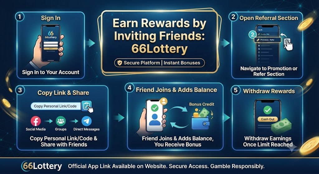 66Lottery referral guide showing promotion section, sharing unique link, earning bonus on friend's balance addition, and withdrawing rewards in Hinglish