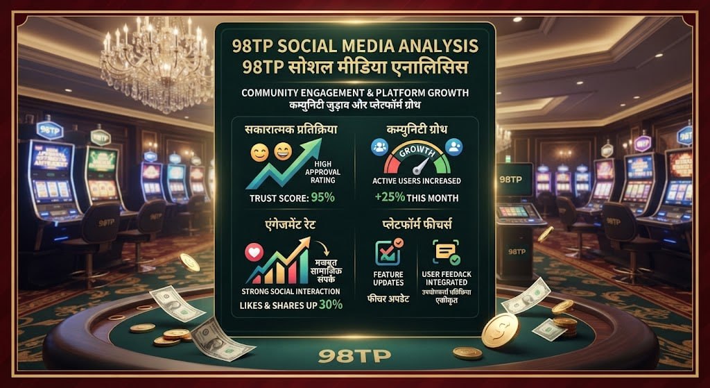 A promotional graphic displaying social media analysis, high approval ratings, active user growth, and community engagement metrics on 98TP.