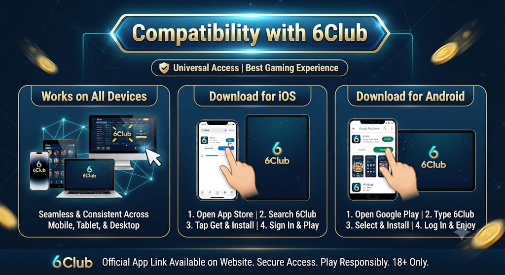 6Club app download guide for iOS and Android showing step-by-step instructions for App Store and Play Store installation in Hinglish