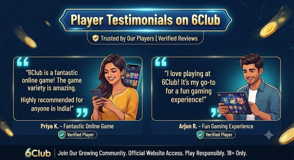 Player testimonials and reviews for 6Club highlighting game variety, fun experience, and trusted recommendations in India in Hindi