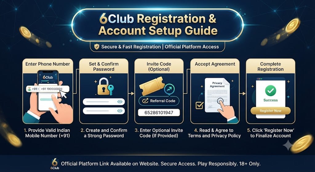 6Club registration screen showing phone number input, password settings, invite code, and privacy agreement in Hinglish