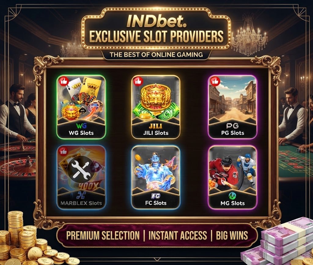 A promotional poster for INDbet showcasing exclusive slot providers like WG, JILI, PG, Marblex, FC, and MG slots set against a luxury casino background.