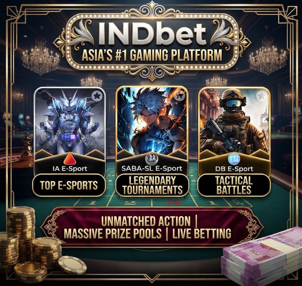 A promotional poster for INDbet E-Sports showing top gaming providers like IA, SABA-SL, and DB E-Sport with a casino background and prize pool highlights.