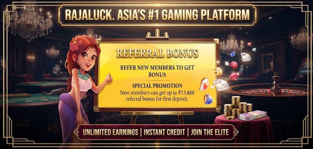 A promotional poster for Rajaluck showing a referral bonus up to 13,888 INR with a luxury casino background and character graphics.