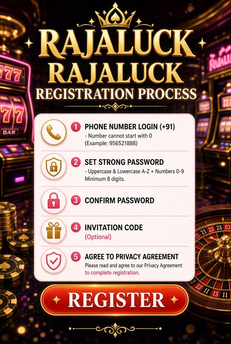 Rajaluck registration process poster with casino background showing phone login, password rules and register steps
