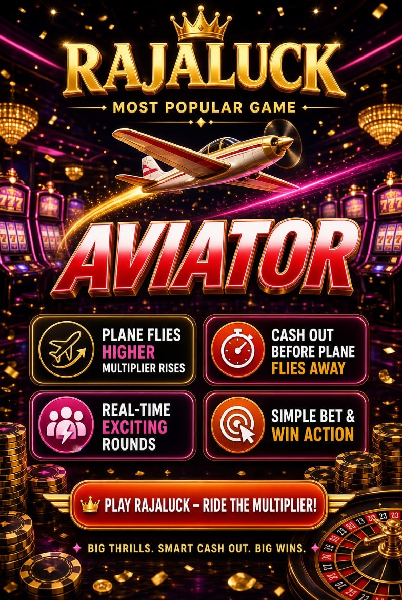 Rajaluck Aviator most popular game poster with casino background and flying plane