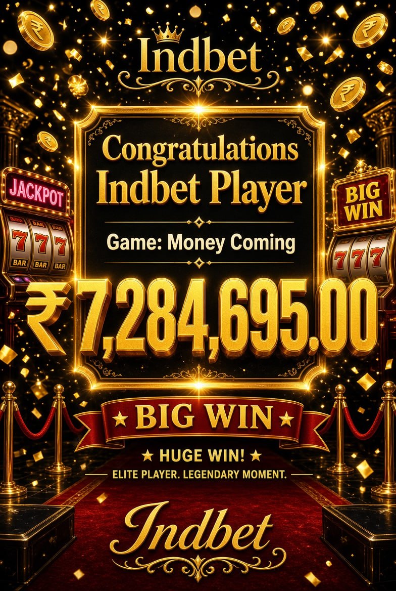 Promotional poster of Indbet big win ₹7,284,695 on Money Coming with casino lights and gold coins