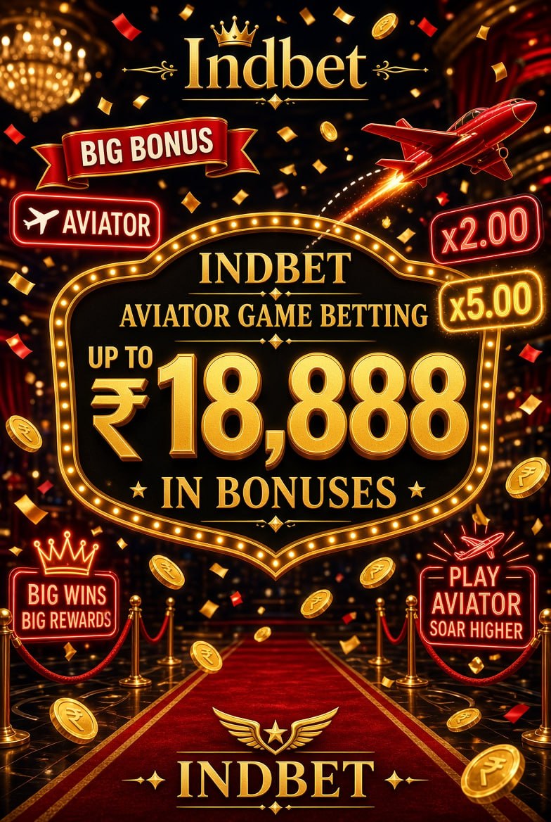 Promotional poster of Indbet Aviator game with up to ₹18,888 bonuses and flying plane