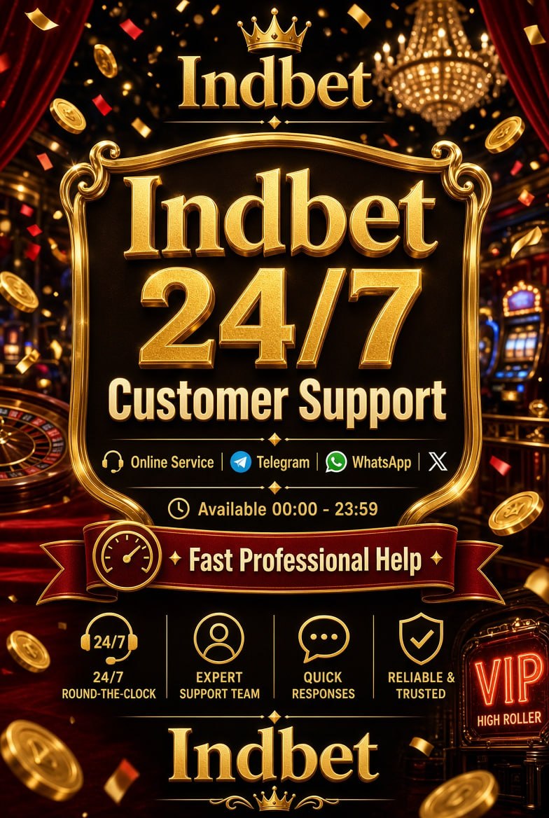 Promotional poster of Indbet 24/7 customer support with Telegram WhatsApp and online service