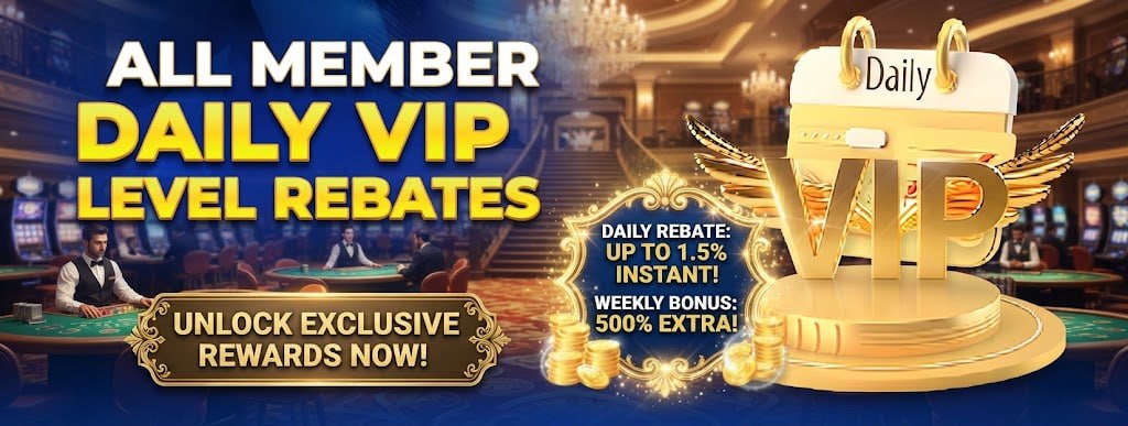Goa Games promotional banner showcasing the 'ALL MEMBER DAILY VIP LEVEL REBATES' offer with a golden VIP badge, rebate values, and luxury rewards.