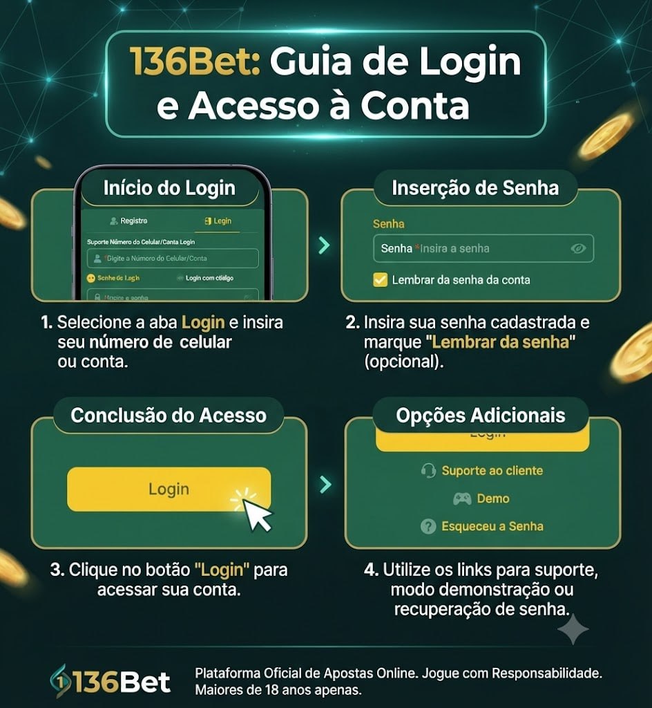 136Bet login page showing mobile number input, password field, remember password checkbox, and account recovery options in Portuguese