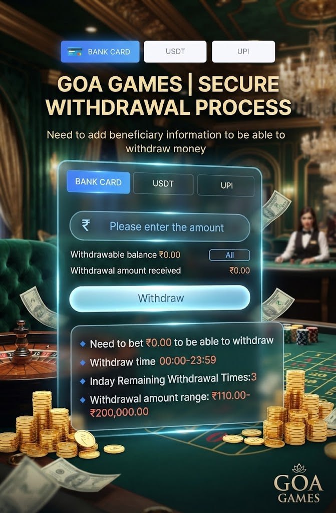 A promotional graphic showing the secure withdrawal process on Goa Games with bank card, USDT, and UPI options in a casino setting.