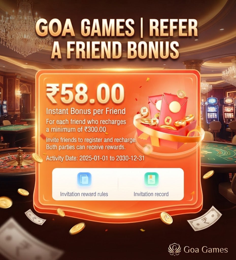 A promotional graphic showing the Goa Games refer a friend bonus with a ₹58 instant reward, ₹300 recharge condition, and casino background imagery.