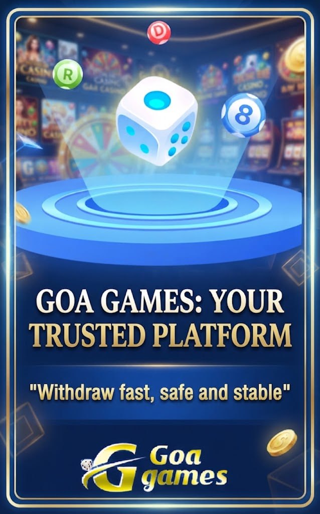 A promotional graphic showing Goa Games review with fast, safe, and stable withdrawal features and a casino background.