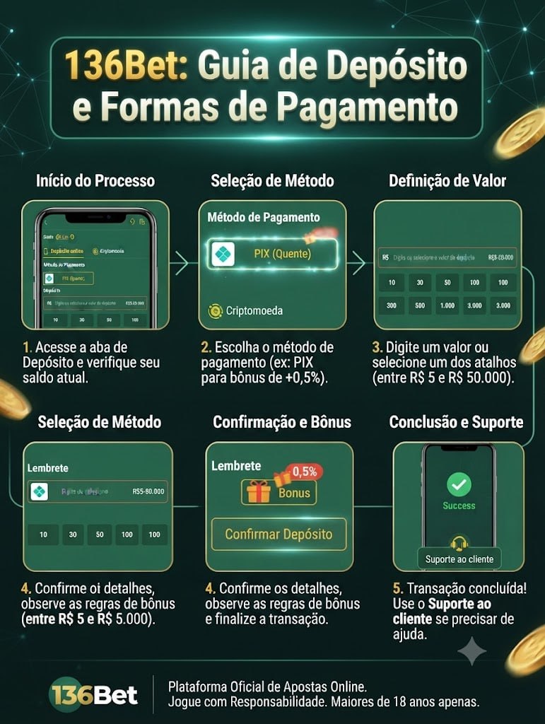 136Bet deposit page showing PIX payment method, online deposit bonus, cryptocurrency option, value limits from R$5 to R$50,000, and quick value buttons in Portuguese