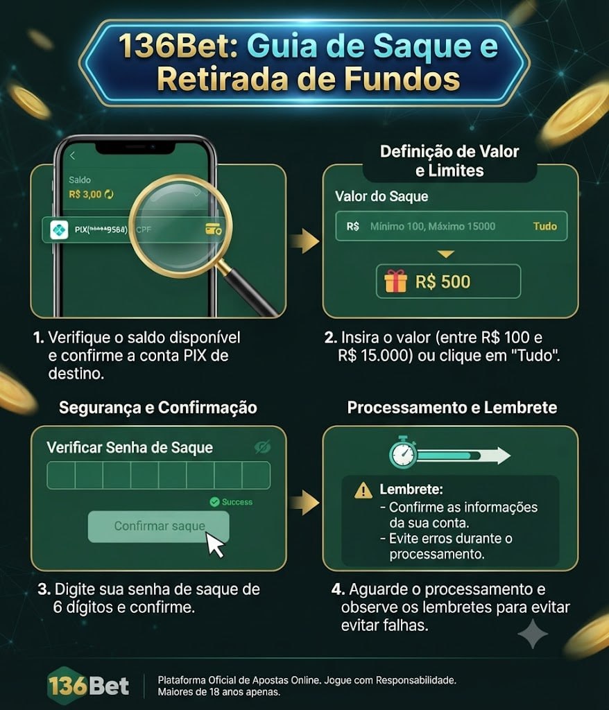 136Bet withdrawal page showing PIX CPF account selection, minimum and maximum withdrawal limits from R$100 to R$15,000, password verification, and annual interest option in Portuguese