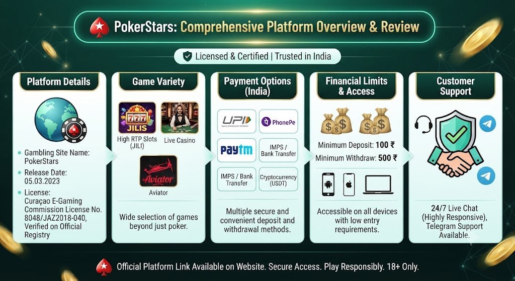 PokerStars overview showing license details, game variety, payment methods like UPI and Paytm, deposit and withdrawal limits in Hindi