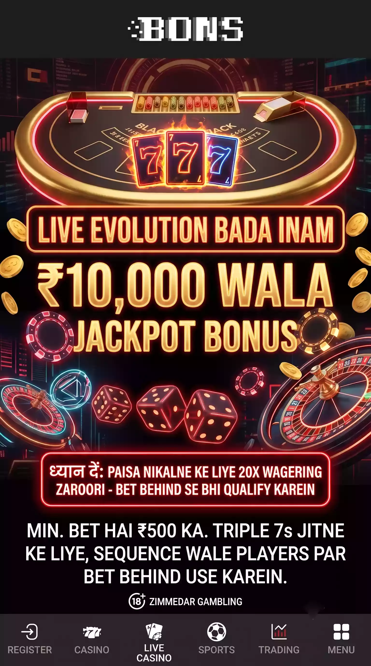BONS casino banner promoting a €100 Live Evolution jackpot bonus with neon blackjack table and flaming Triple 7s