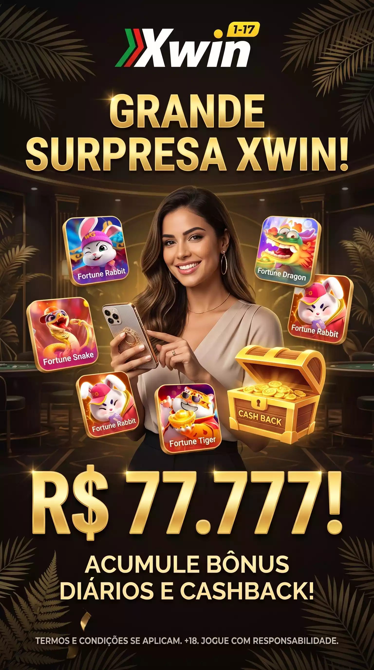 Xwin Brasil grande surpresa, ganhe até R$ 77.777 em bônus diários e cashback para jogar Fortune Tiger, Fortune Rabbit, Fortune Dragon e slots online